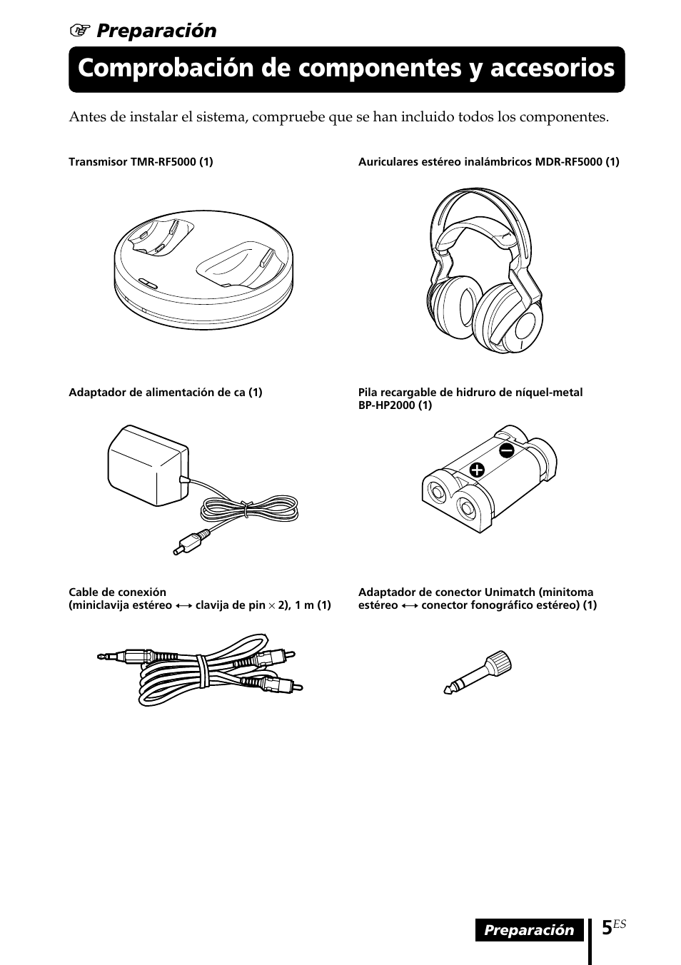 Comprobación de componentes y accesorios, Comprobación de, Componentes y accesorios | 1 preparación | Sony MDR-RF5000K User Manual | Page 61 / 88