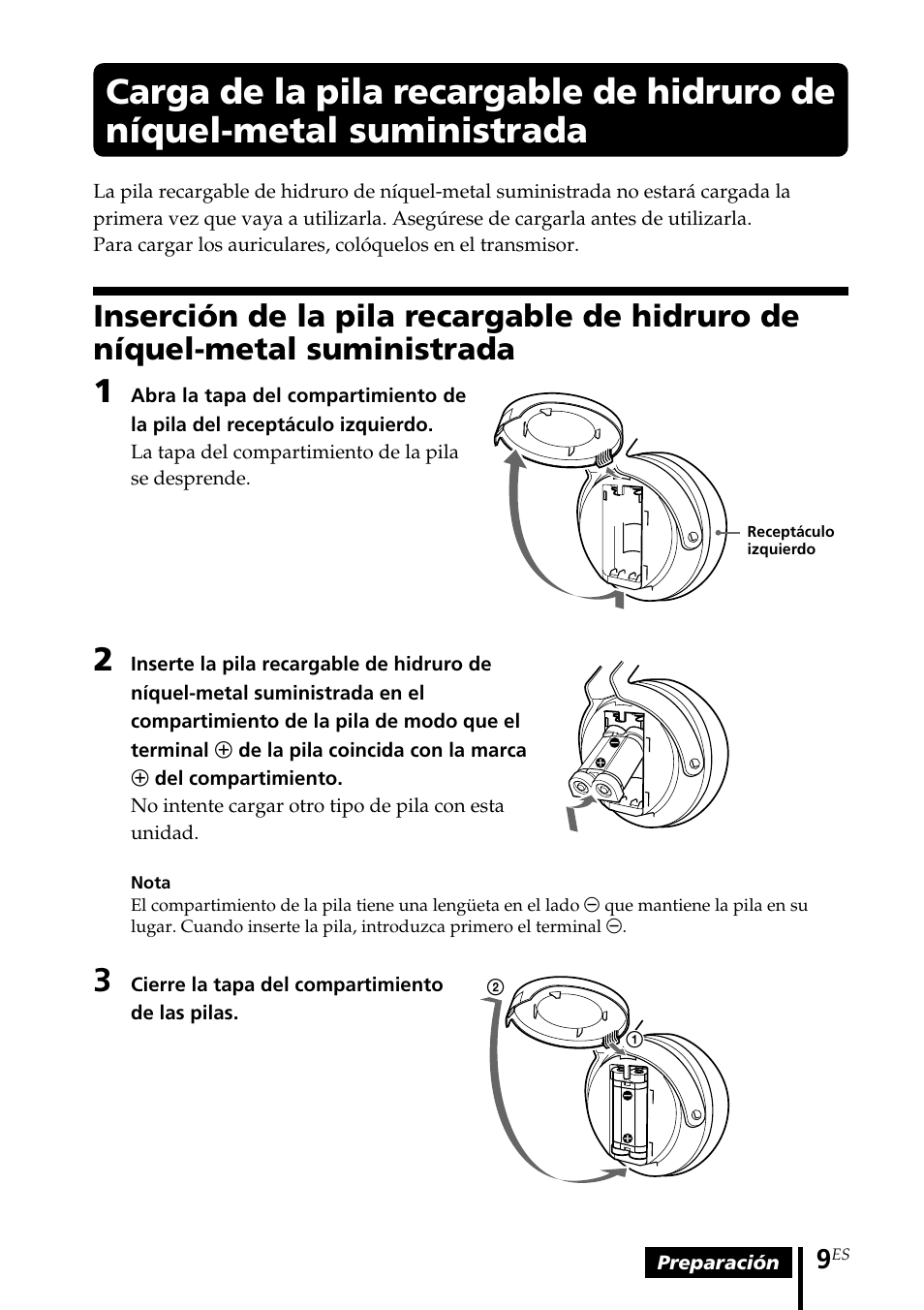 Carga de la pila recargable de, Hidruro de níquel-metal suministrada, Inserción de la pila recargable de | Sony MDR-RF5000K User Manual | Page 65 / 88