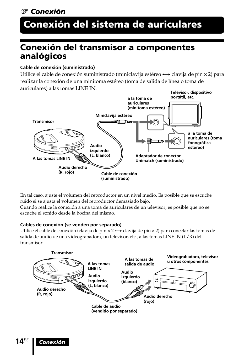 Conexión del sistema de auriculares, Conexión del transmisor a componentes analógicos, Conexión del sistema de | Auriculares, Conexión del transmisor a, Componentes analógicos, 1 conexión | Sony MDR-RF5000K User Manual | Page 70 / 88