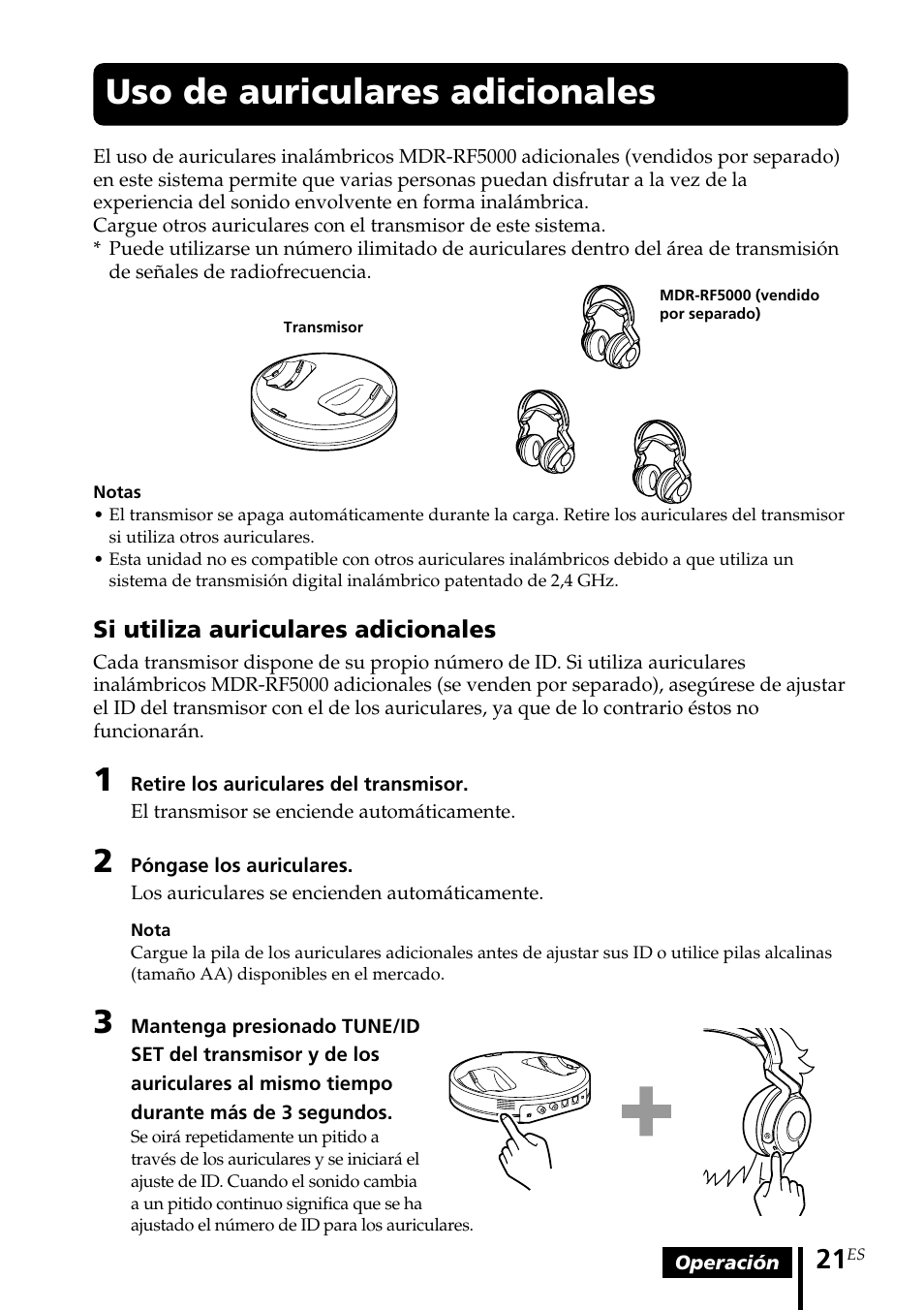 Uso de auriculares adicionales, Uso de auriculares, Adicionales | Sony MDR-RF5000K User Manual | Page 77 / 88