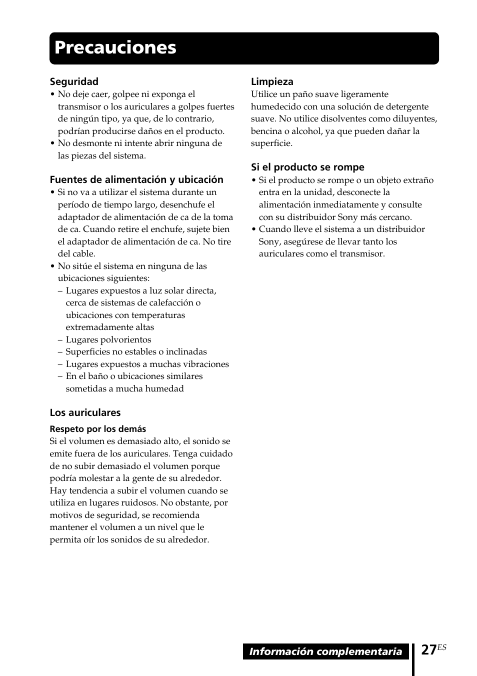 Precauciones | Sony MDR-RF5000K User Manual | Page 83 / 88