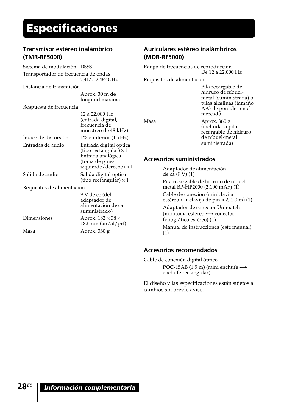 Especificaciones | Sony MDR-RF5000K User Manual | Page 84 / 88