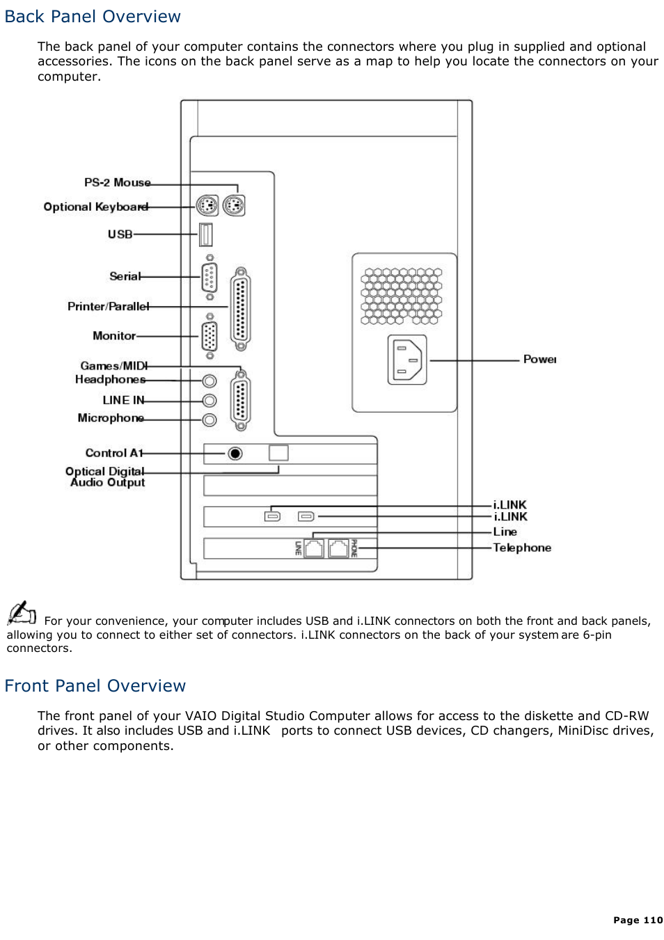 Back panel overview, Front panel overview | Sony PCV-E518DS User Manual | Page 110 / 776