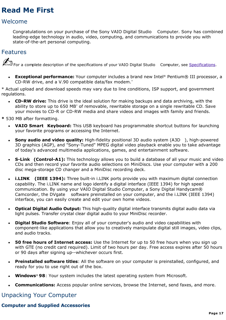 Welcome, Read me first, Features | Unpacking your computer | Sony PCV-E518DS User Manual | Page 17 / 776