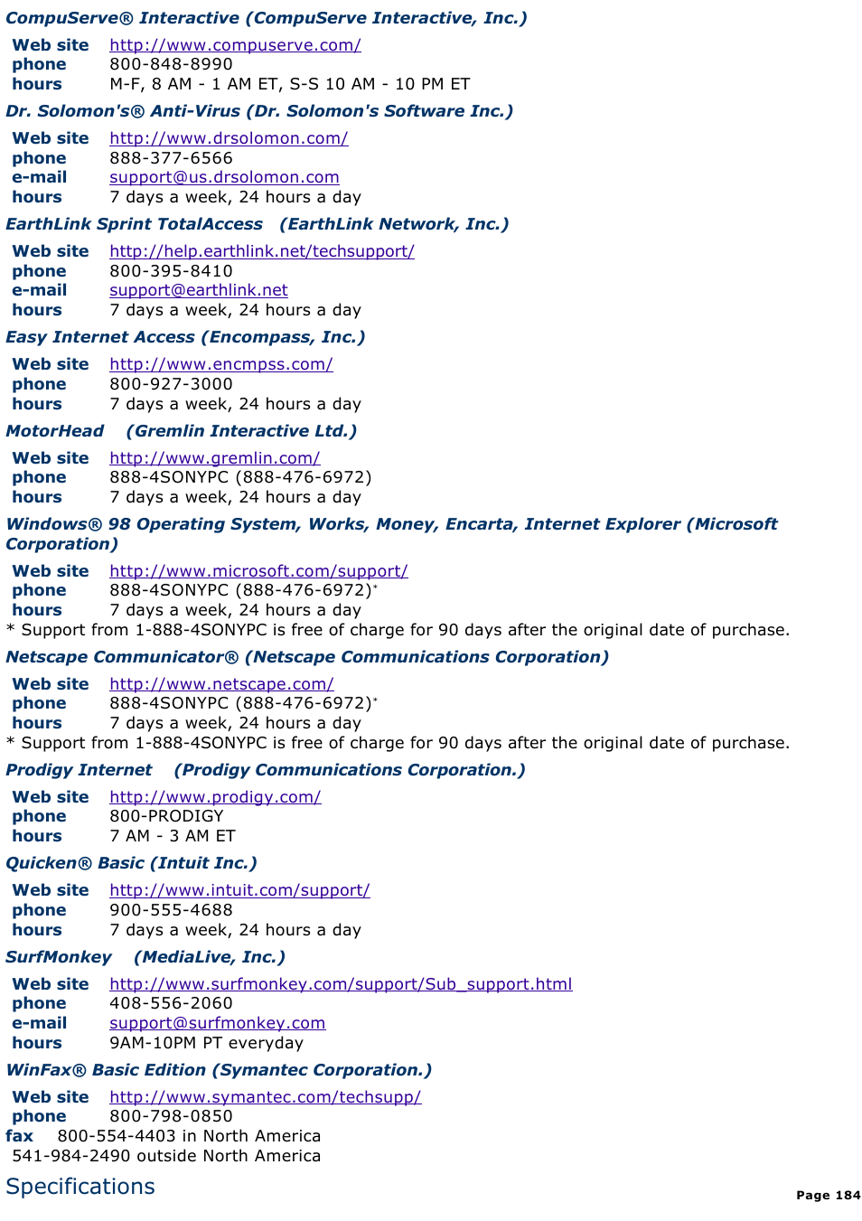 Specifications | Sony PCV-E518DS User Manual | Page 184 / 776