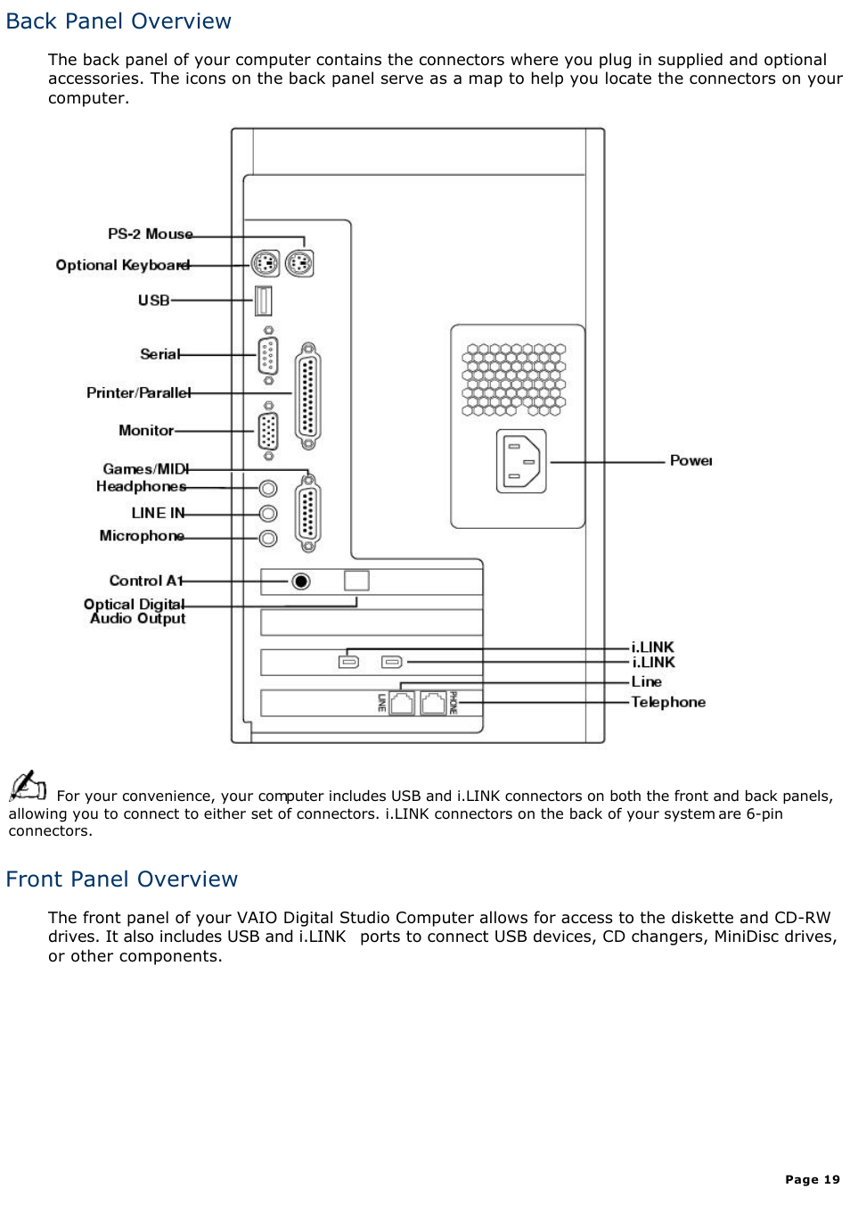 Back panel overview, Front panel overview | Sony PCV-E518DS User Manual | Page 19 / 776