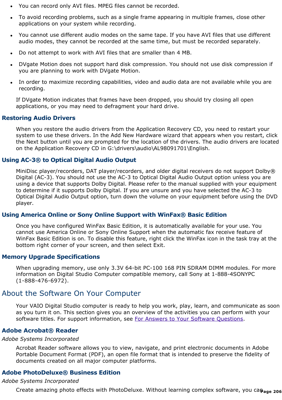 About the software on your computer | Sony PCV-E518DS User Manual | Page 206 / 776