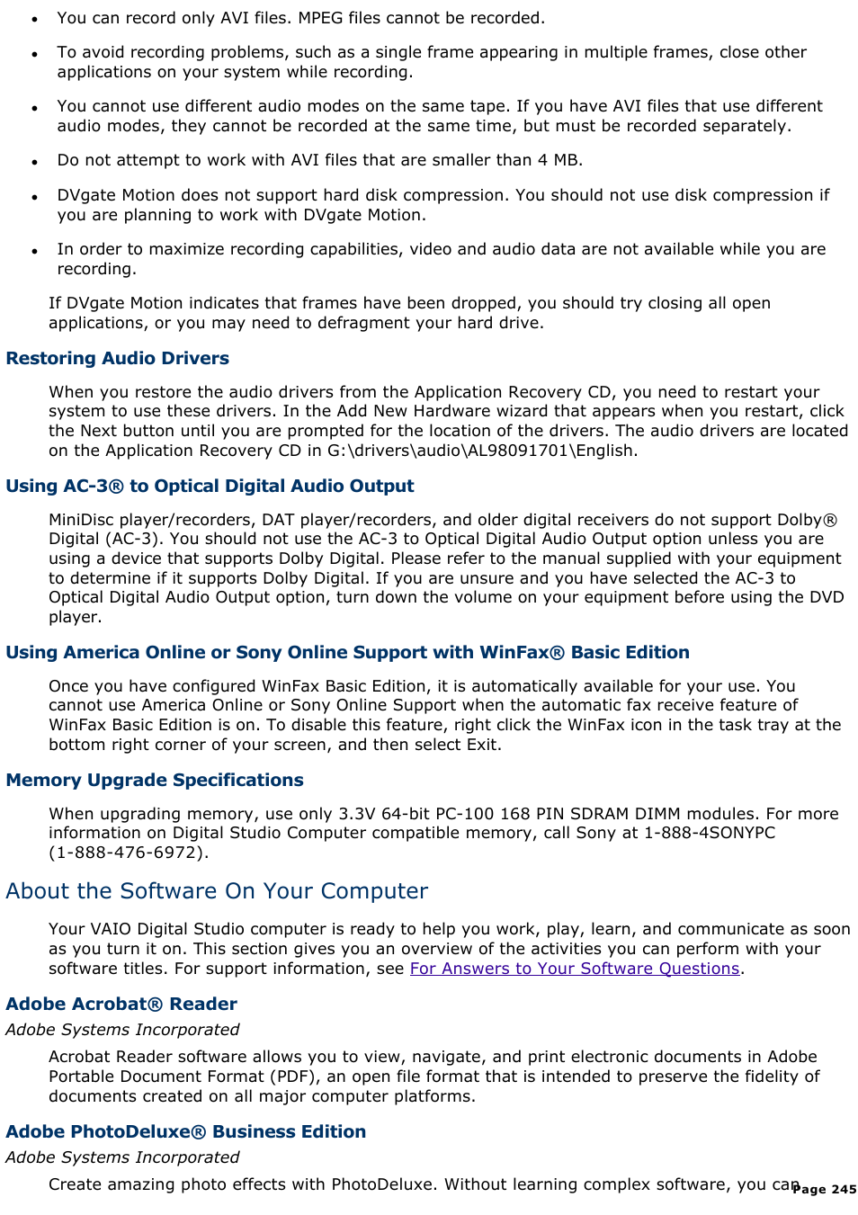 About the software on your computer | Sony PCV-E518DS User Manual | Page 245 / 776
