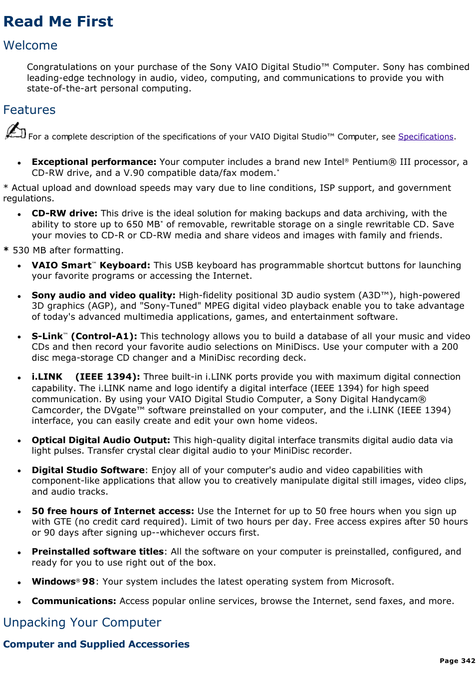 Memory upgrade specifications, Read me first, Welcome | Features, Unpacking your computer | Sony PCV-E518DS User Manual | Page 342 / 776