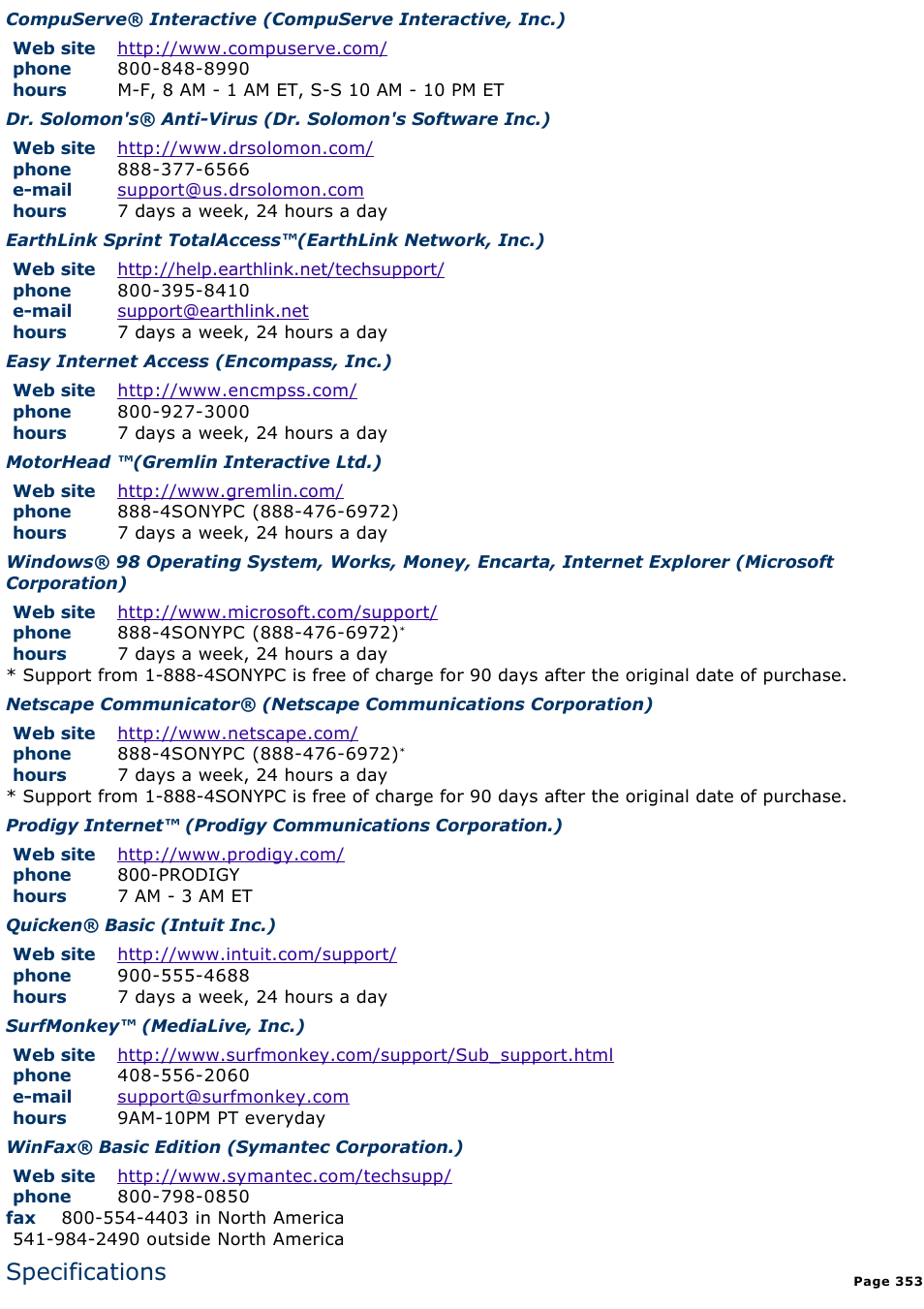 Specifications | Sony PCV-E518DS User Manual | Page 353 / 776