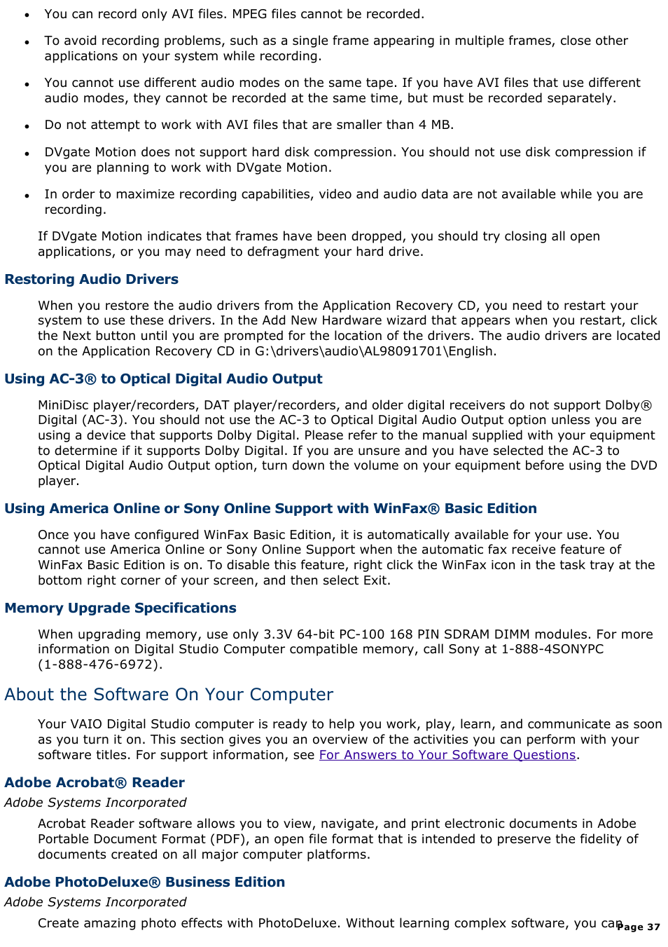 About the software on your computer | Sony PCV-E518DS User Manual | Page 37 / 776