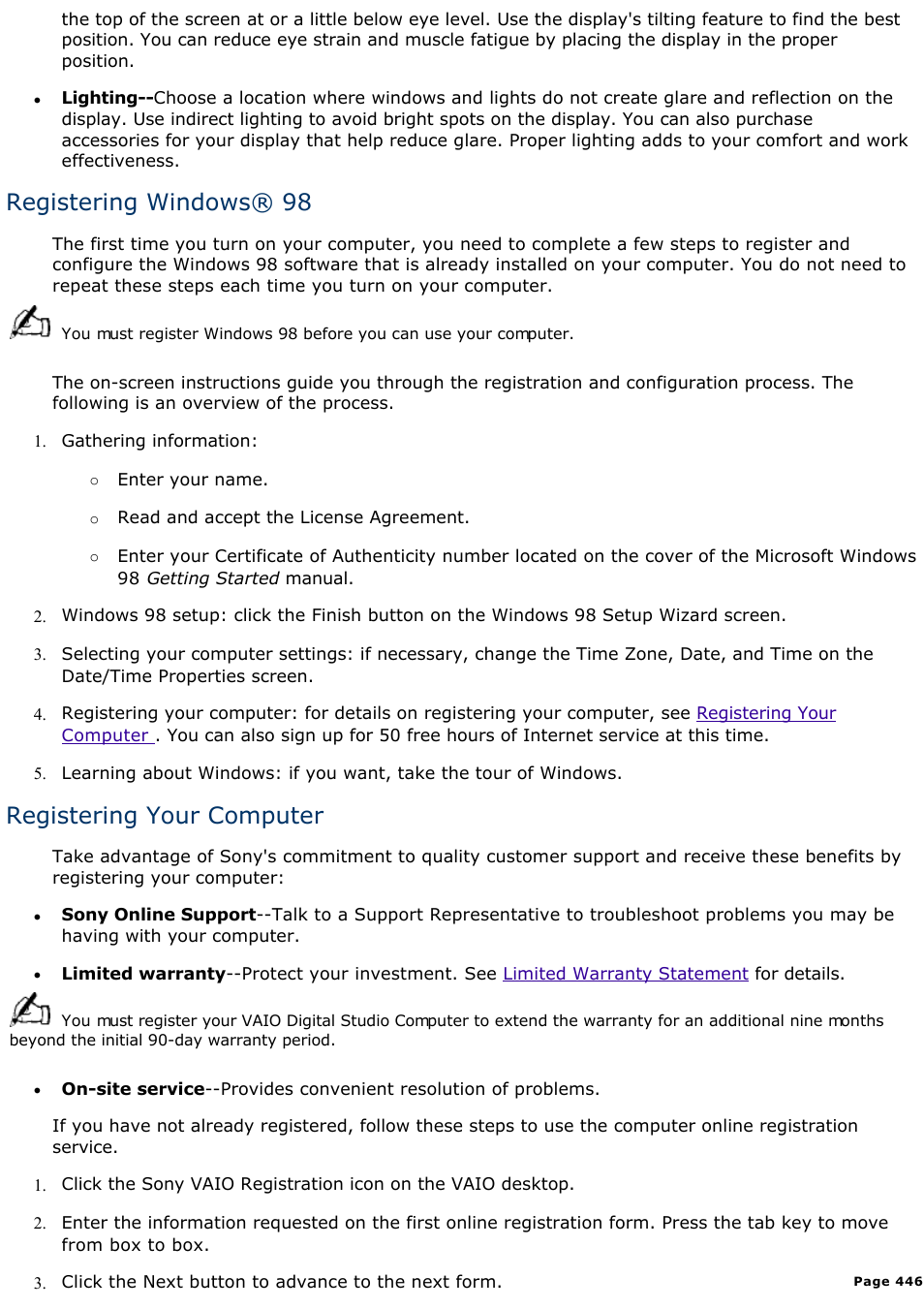 Registering windows® 98, Registering your computer | Sony PCV-E518DS User Manual | Page 446 / 776