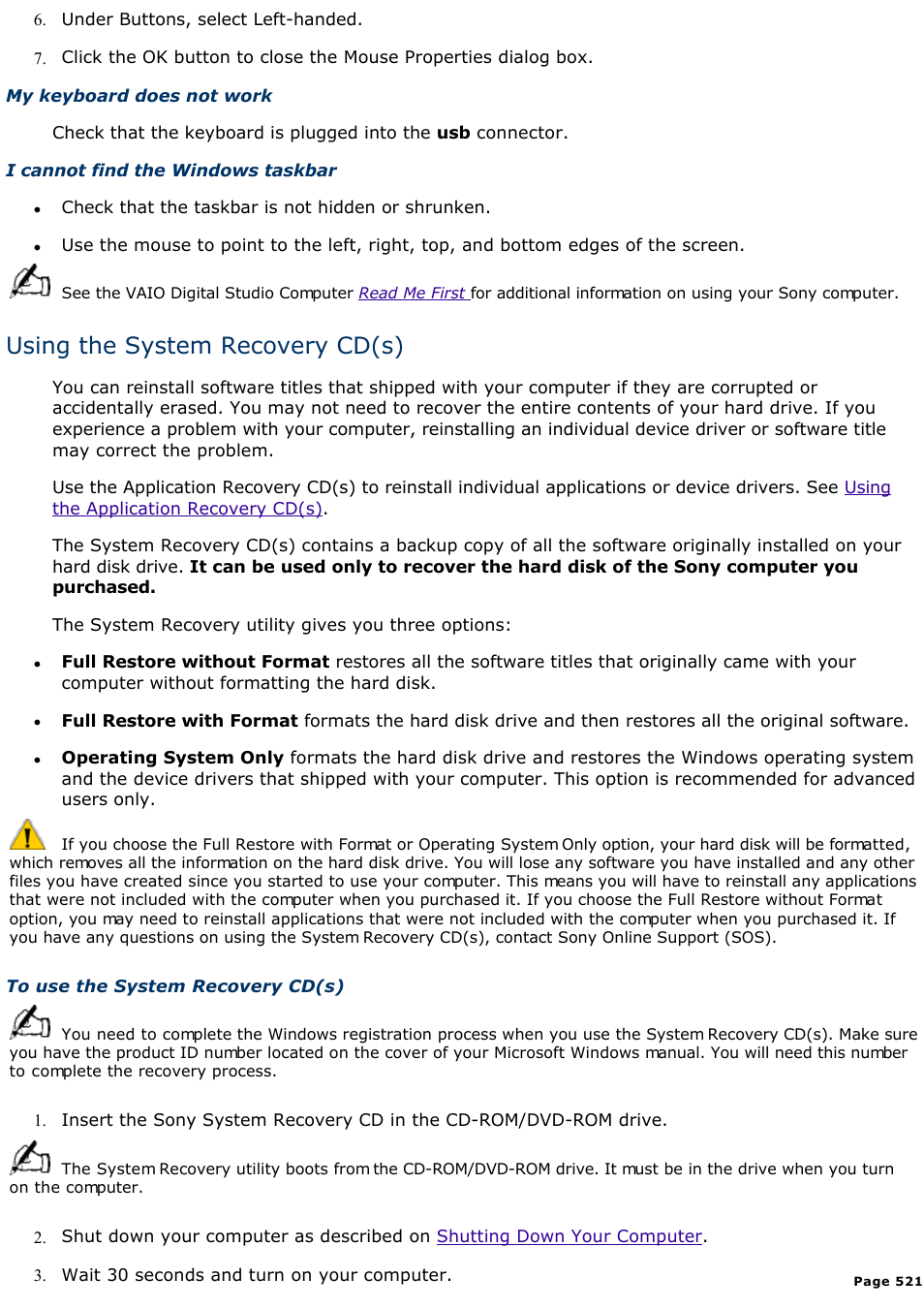 Using the system recovery cd(s) | Sony PCV-E518DS User Manual | Page 521 / 776