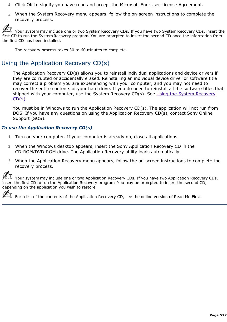 Using the application recovery cd(s) | Sony PCV-E518DS User Manual | Page 522 / 776