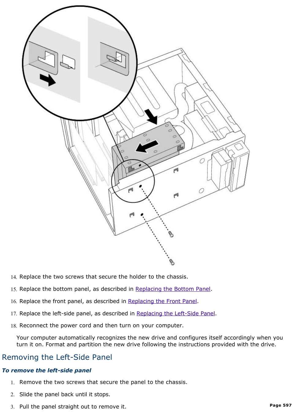 Removing the left-side panel | Sony PCV-E518DS User Manual | Page 597 / 776