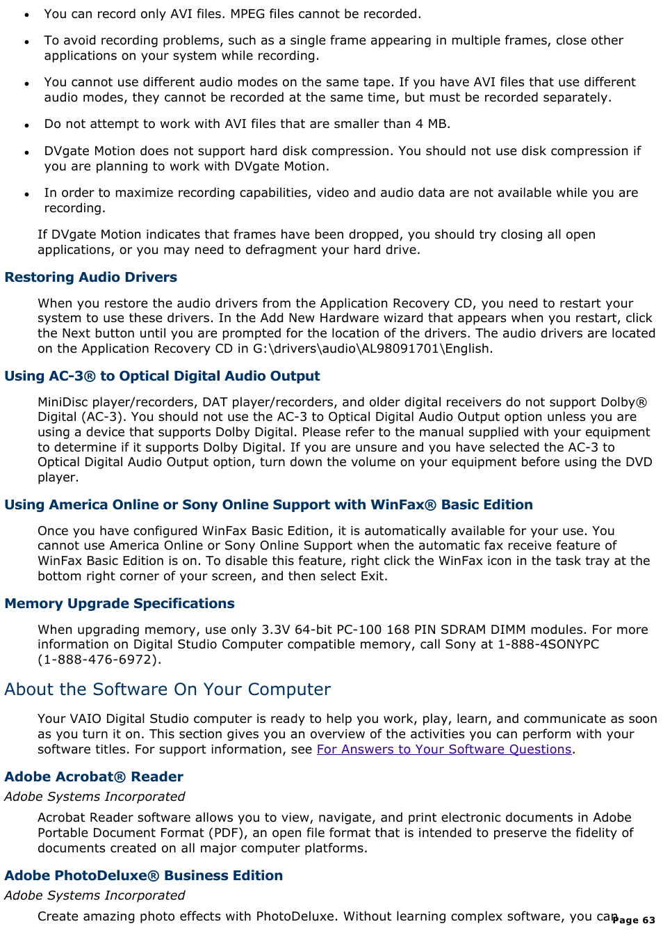 About the software on your computer | Sony PCV-E518DS User Manual | Page 63 / 776