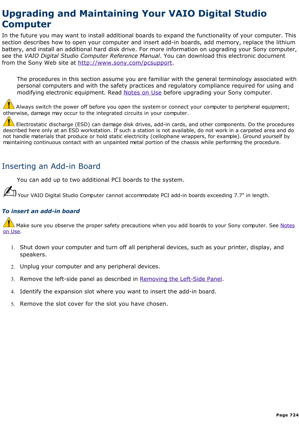 Replacing the left-side panel, Inserting an add-in board | Sony PCV-E518DS User Manual | Page 724 / 776