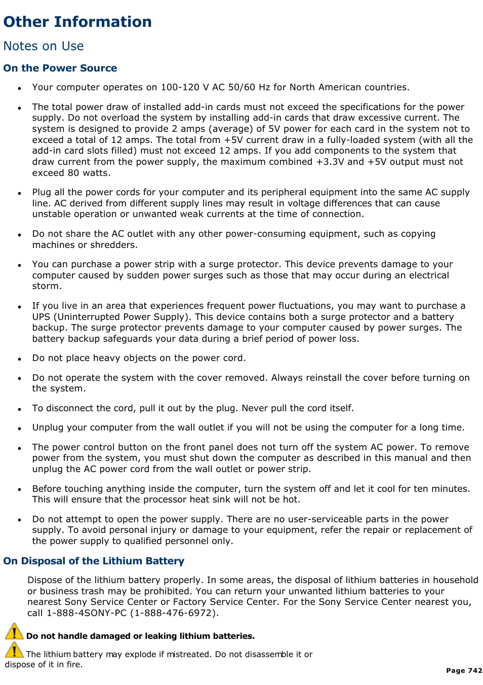 Notes on use, Other information | Sony PCV-E518DS User Manual | Page 742 / 776