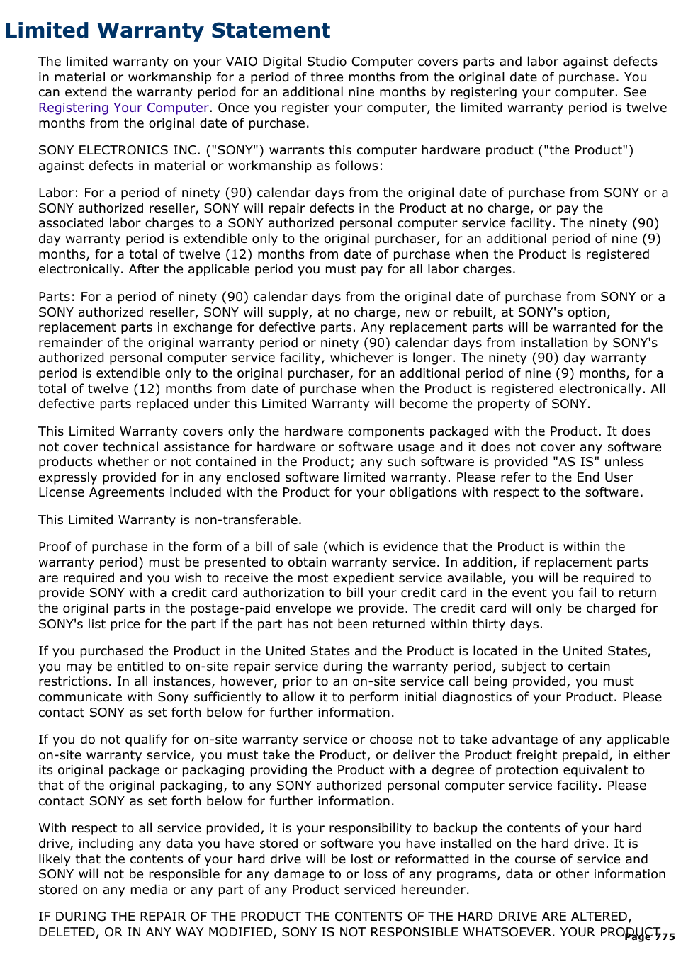 Limited warranty statement | Sony PCV-E518DS User Manual | Page 775 / 776