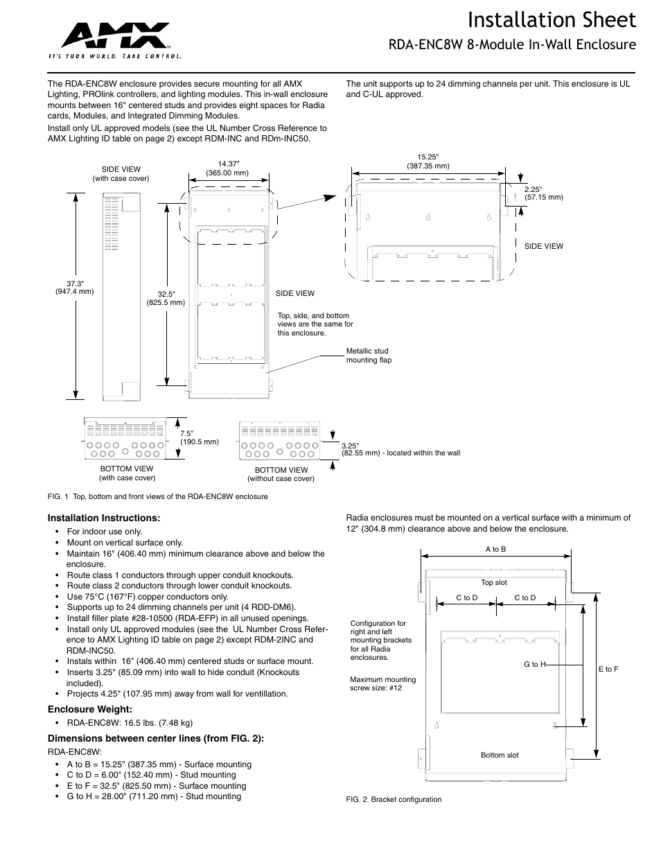 AMX 8-Module In-Wall Enclosure RDA-ENC8W User Manual | 2 pages