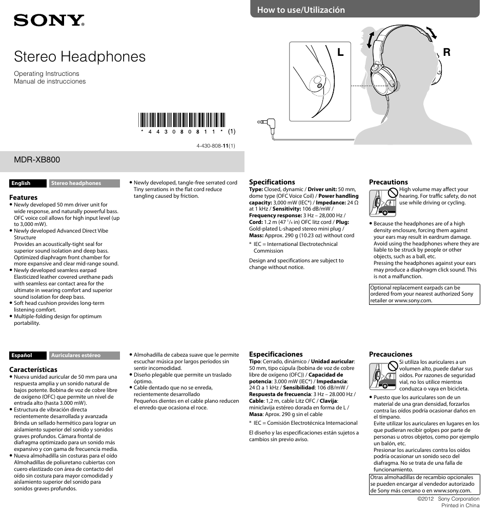 Sony MDR-XB800 User Manual | 1 page