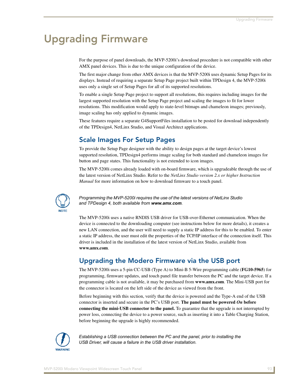 Upgrading firmware, Upgrading the modero firmware via the usb port, Scale images for setup pages | AMX Modero MVP-5200i User Manual | Page 101 / 186