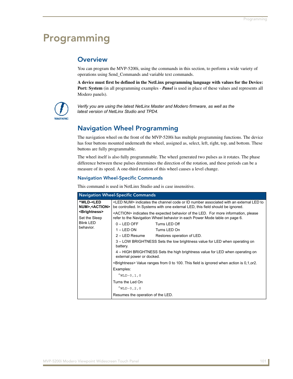 Programming, Overview, Navigation wheel programming | Navigation wheel-specific commands | AMX Modero MVP-5200i User Manual | Page 109 / 186