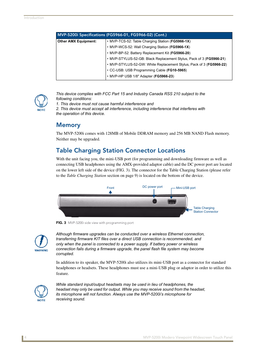 Memory, Table charging station connector locations, Connector locations | AMX Modero MVP-5200i User Manual | Page 12 / 186