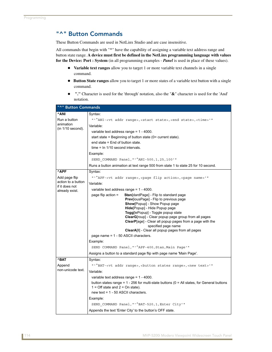 Button commands | AMX Modero MVP-5200i User Manual | Page 122 / 186