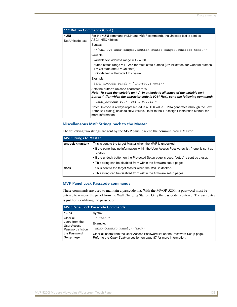 Miscellaneous mvp strings back to the master, Mvp panel lock passcode commands | AMX Modero MVP-5200i User Manual | Page 141 / 186