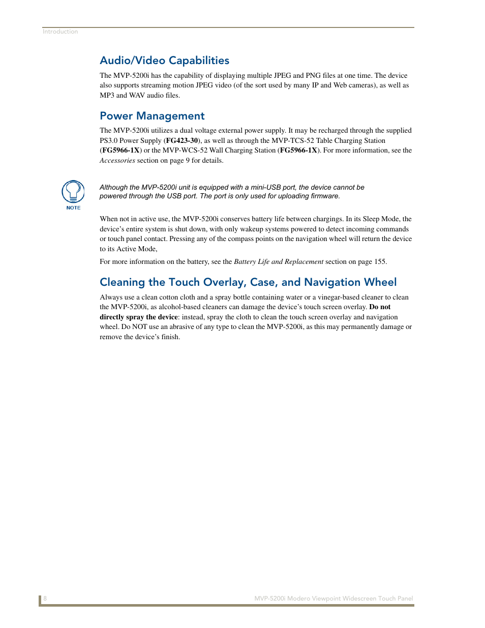 Audio/video capabilities, Power management, Cleaning the touch overlay and navigation wheel | AMX Modero MVP-5200i User Manual | Page 16 / 186