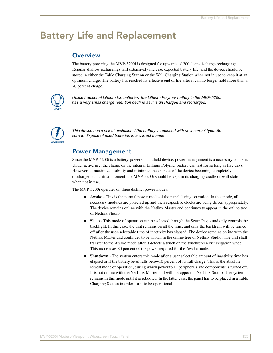 Battery life and replacement, Overview, Power management | AMX Modero MVP-5200i User Manual | Page 163 / 186