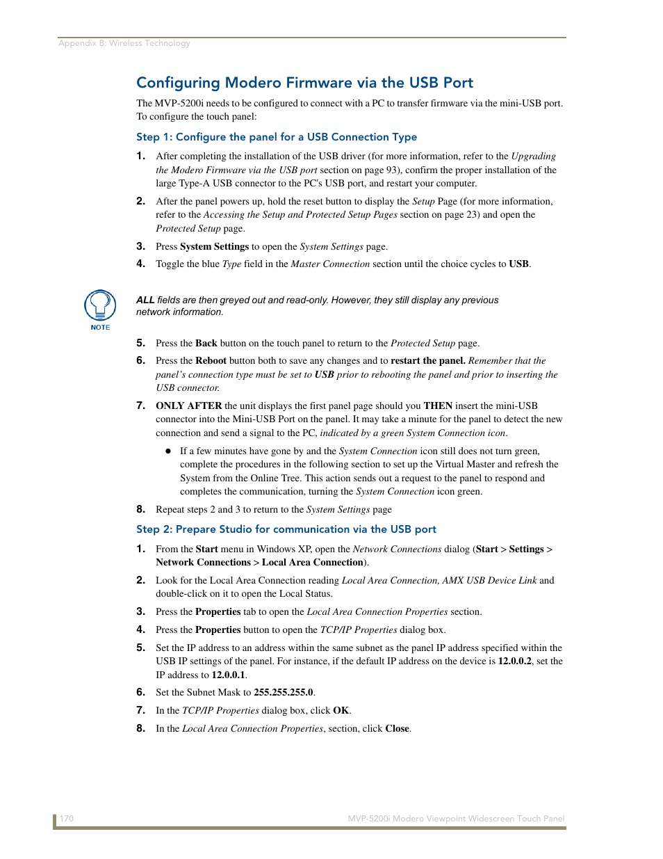 Configuring modero firmware via the usb port | AMX Modero MVP-5200i User Manual | Page 178 / 186