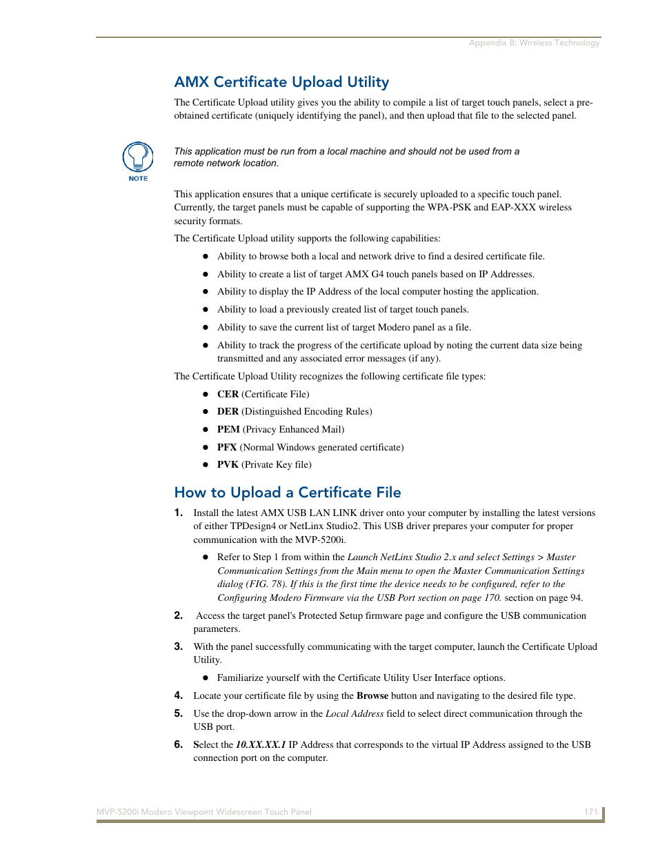 Amx certificate upload utility, How to upload a certificate file, Amx certificate | The amx certificate | AMX Modero MVP-5200i User Manual | Page 179 / 186