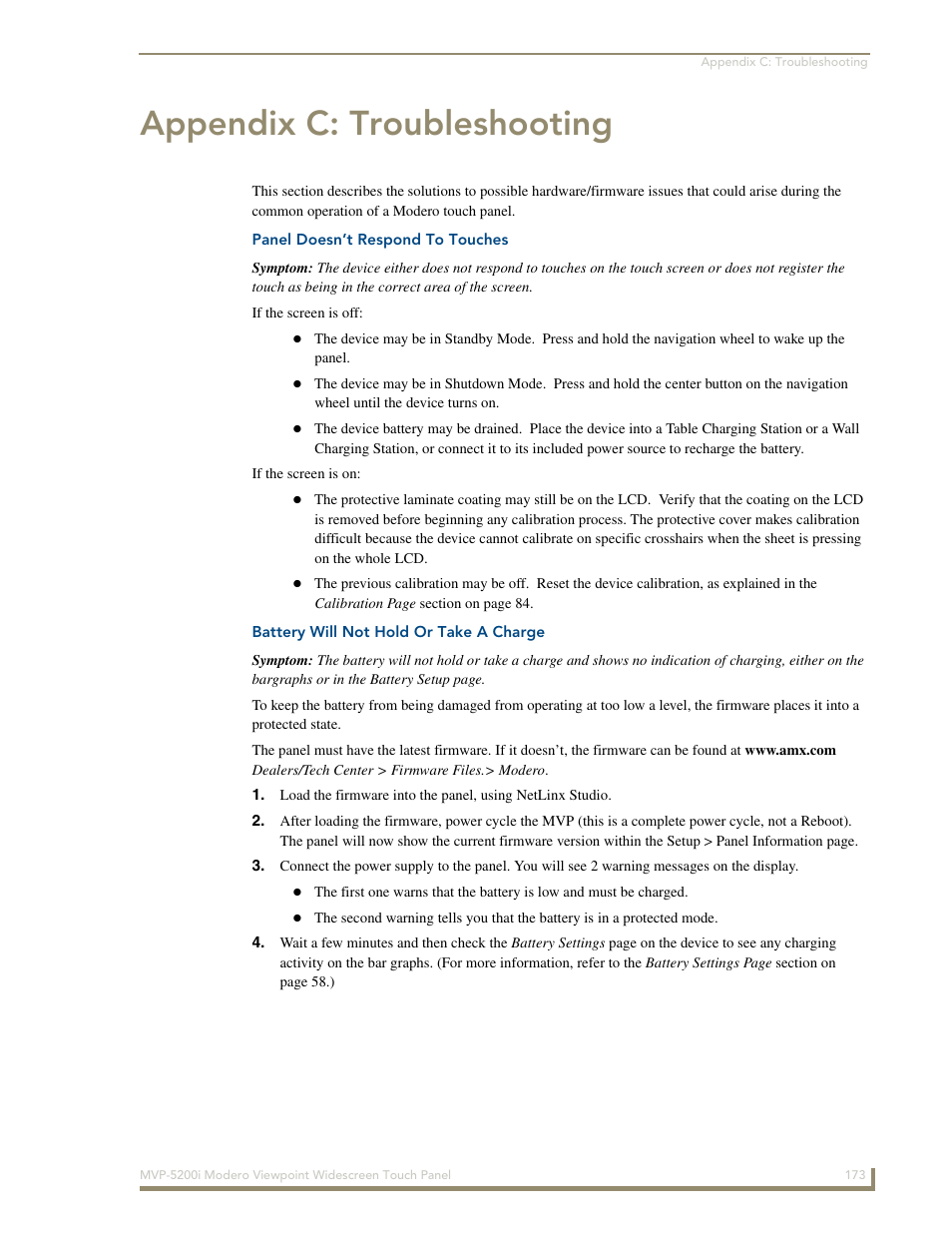 Appendix c: troubleshooting, Panel doesn’t respond to touches, Battery will not hold or take a charge | AMX Modero MVP-5200i User Manual | Page 181 / 186