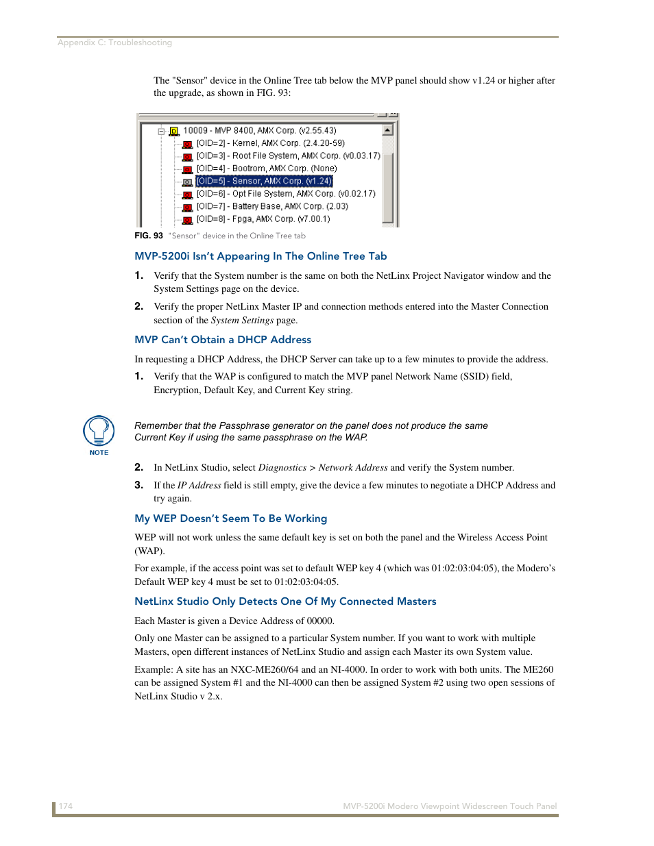 Mvp-5200i isn’t appearing in the online tree tab, Mvp can’t obtain a dhcp address, My wep doesn’t seem to be working | AMX Modero MVP-5200i User Manual | Page 182 / 186