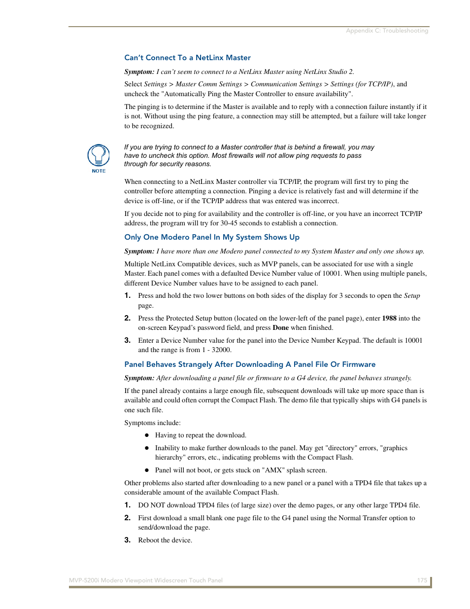 Can’t connect to a netlinx master, Only one modero panel in my system shows up | AMX Modero MVP-5200i User Manual | Page 183 / 186