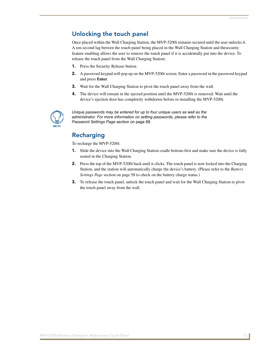 Unlocking the touch panel, Recharging | AMX Modero MVP-5200i User Manual | Page 21 / 186