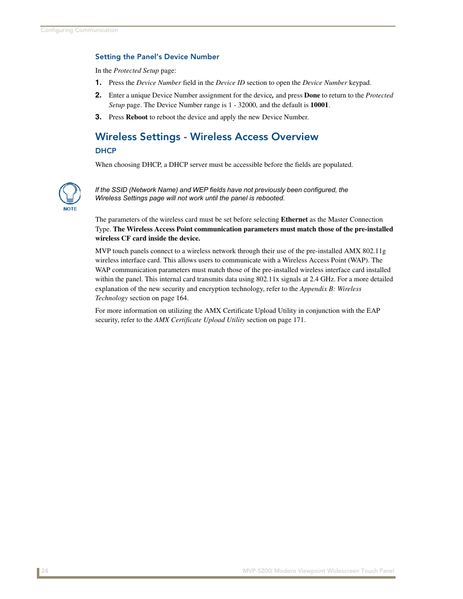Setting the panel’s device number, Wireless settings - wireless access overview, Dhcp | AMX Modero MVP-5200i User Manual | Page 32 / 186