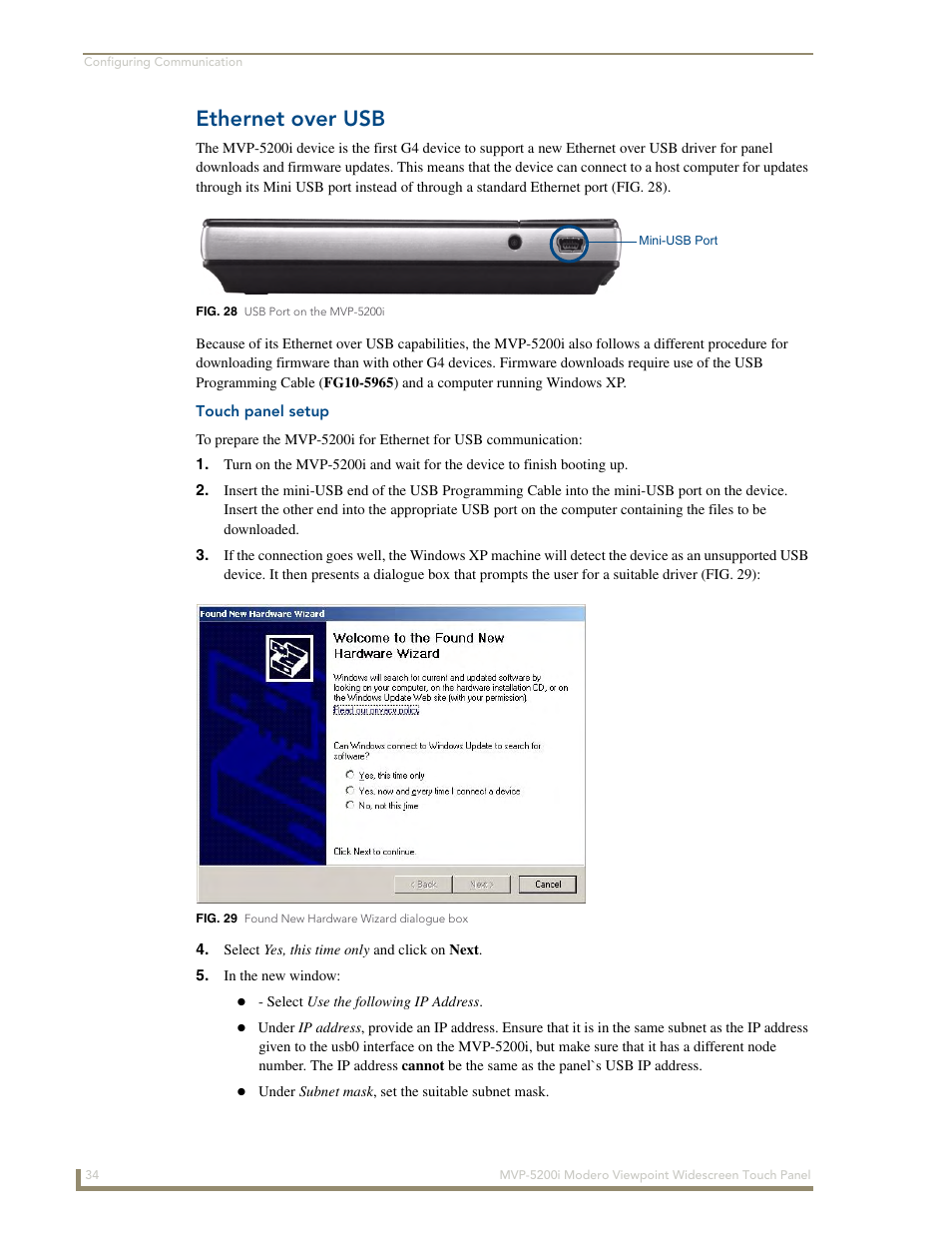 Ethernet over usb, Touch panel setup | AMX Modero MVP-5200i User Manual | Page 42 / 186