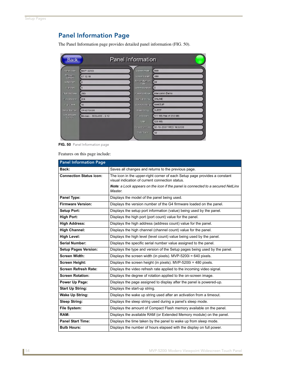 Panel information page | AMX Modero MVP-5200i User Manual | Page 62 / 186