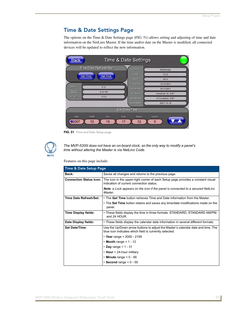 Time & date settings page | AMX Modero MVP-5200i User Manual | Page 63 / 186