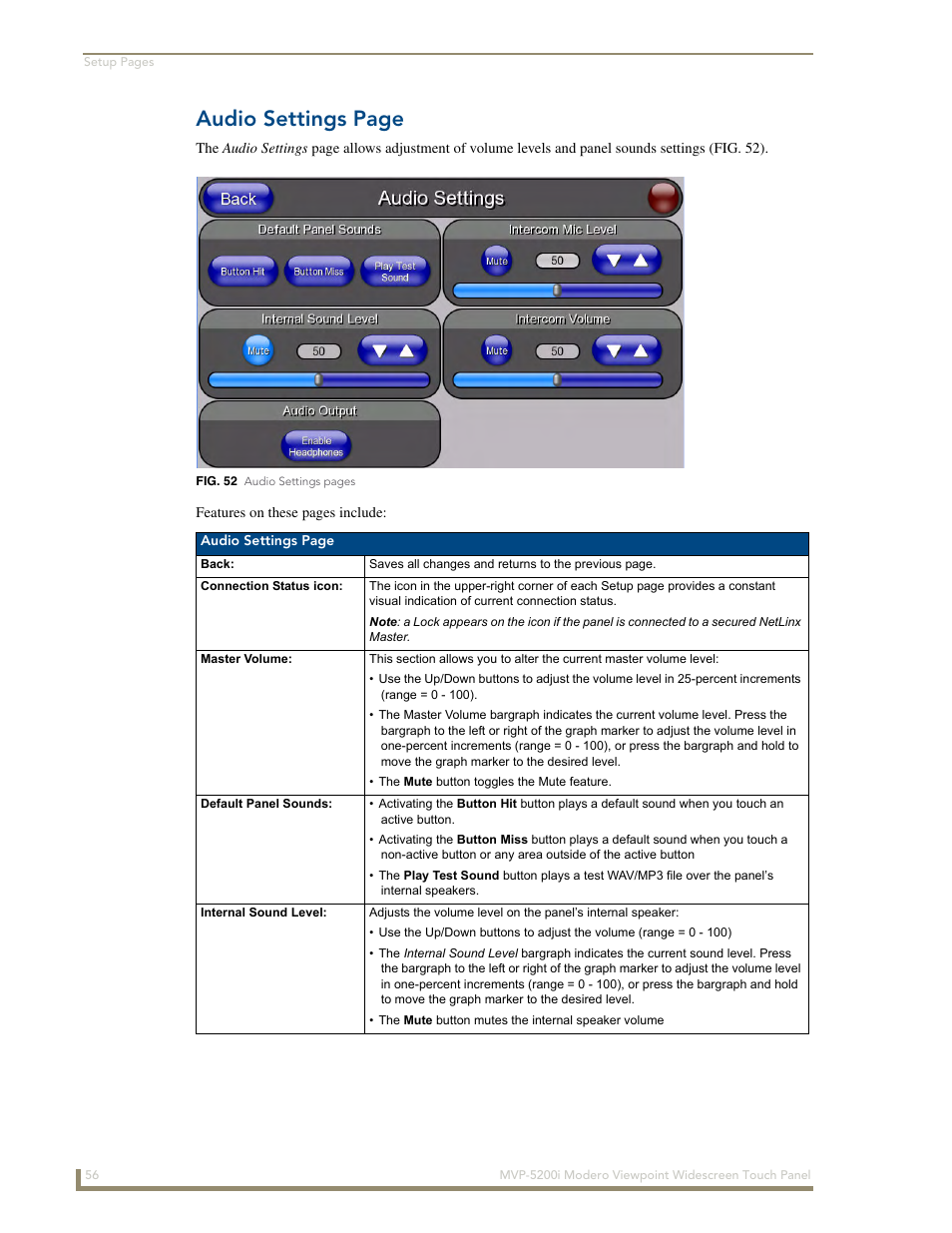 Audio settings page | AMX Modero MVP-5200i User Manual | Page 64 / 186