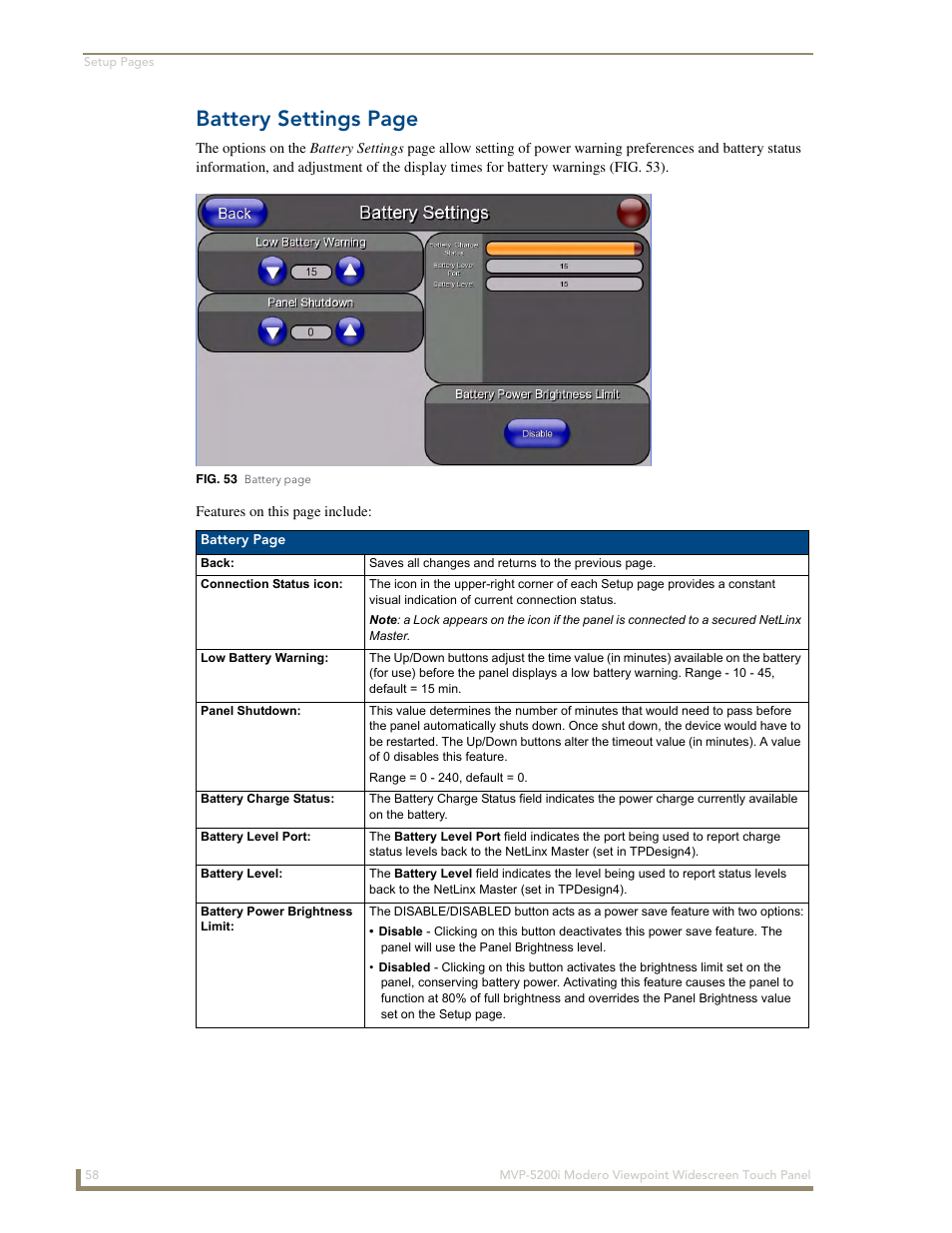 Battery settings page | AMX Modero MVP-5200i User Manual | Page 66 / 186