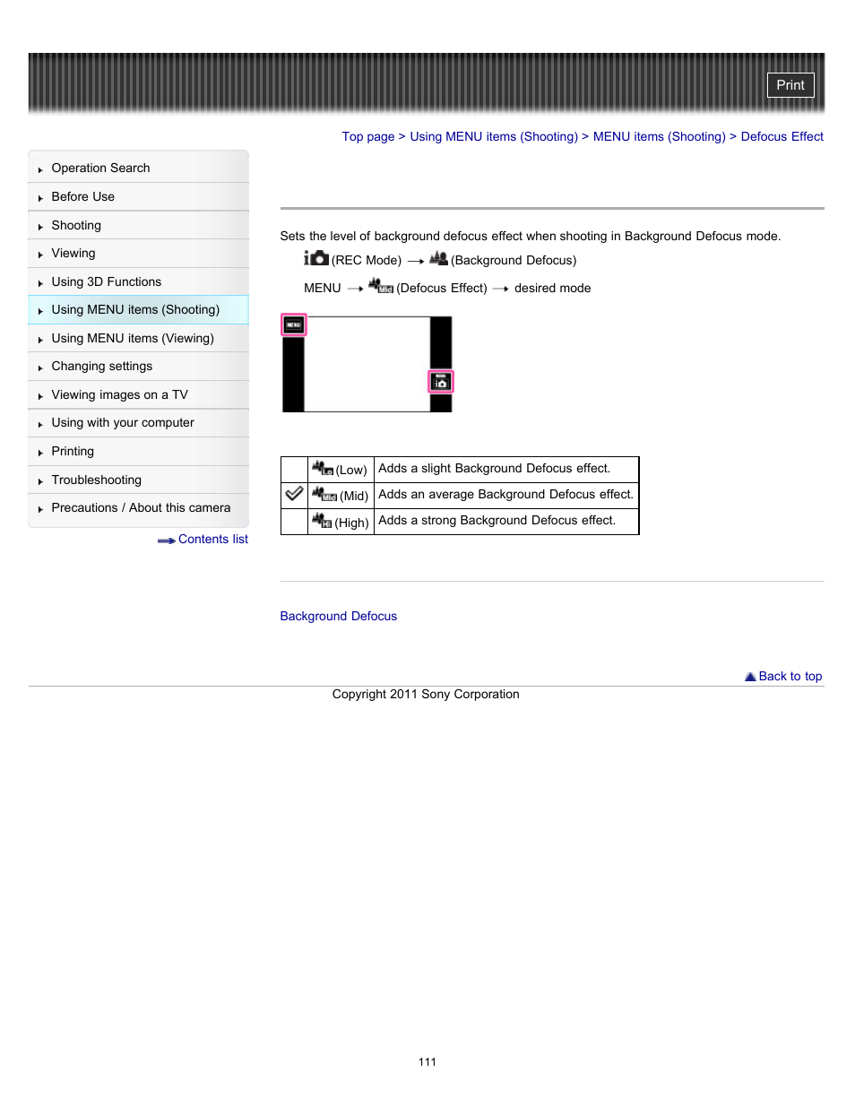 Defocus effect | Sony DSC-TX10 User Manual | Page 111 / 296