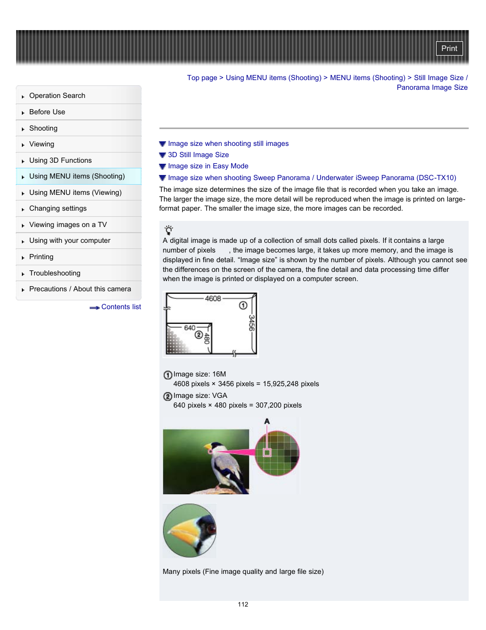 Still image size / panorama image size | Sony DSC-TX10 User Manual | Page 112 / 296