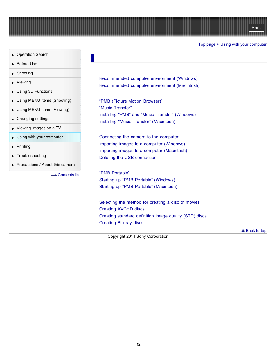 Using with your computer | Sony DSC-TX10 User Manual | Page 12 / 296