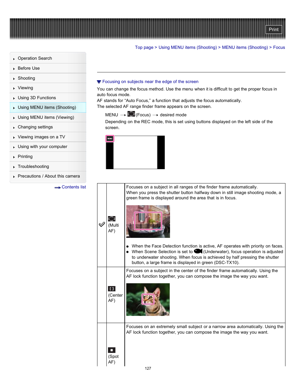 Focus, Details | Sony DSC-TX10 User Manual | Page 127 / 296