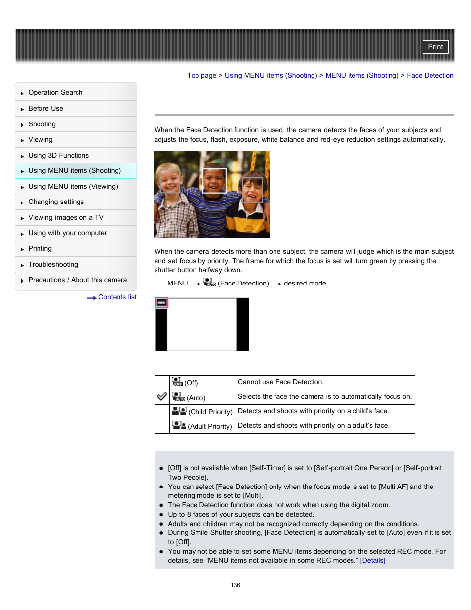 Face detection, Details | Sony DSC-TX10 User Manual | Page 136 / 296