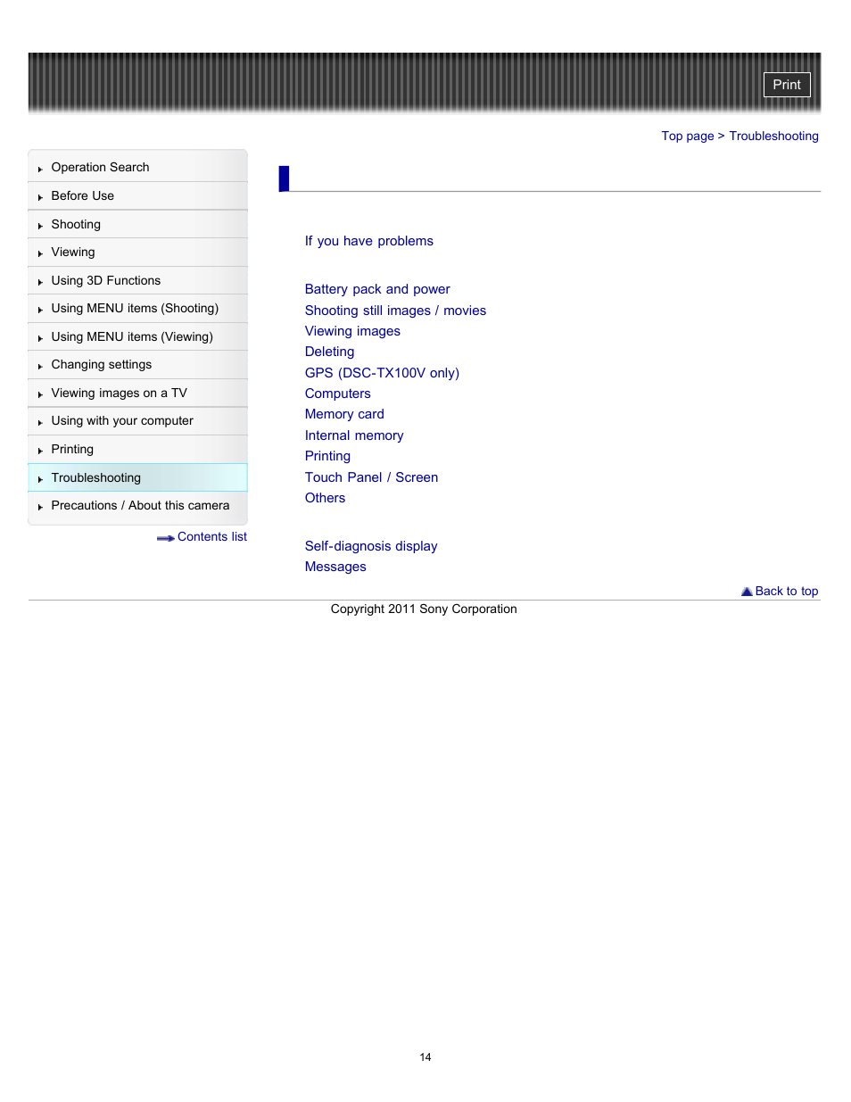 Troubleshooting | Sony DSC-TX10 User Manual | Page 14 / 296